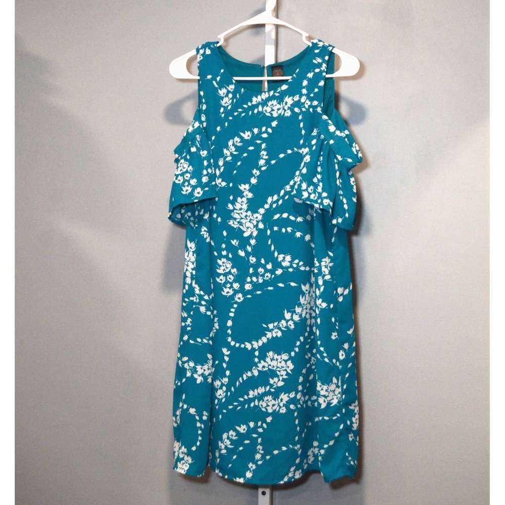 City Streets Size 8 Teal Floral Cold Shoulder Flutter Sleeve Knee Length Dress